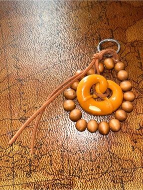Handmade Wooden Bead Keychain with Leather and Pretzel Charm